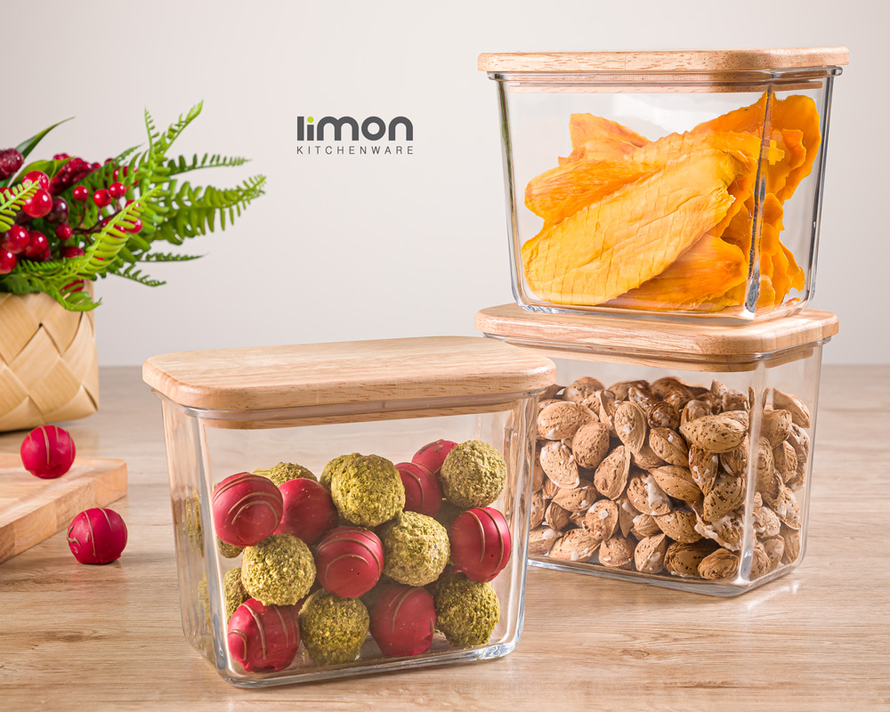 ظرف شیشه ای با درب چوبی لیمون